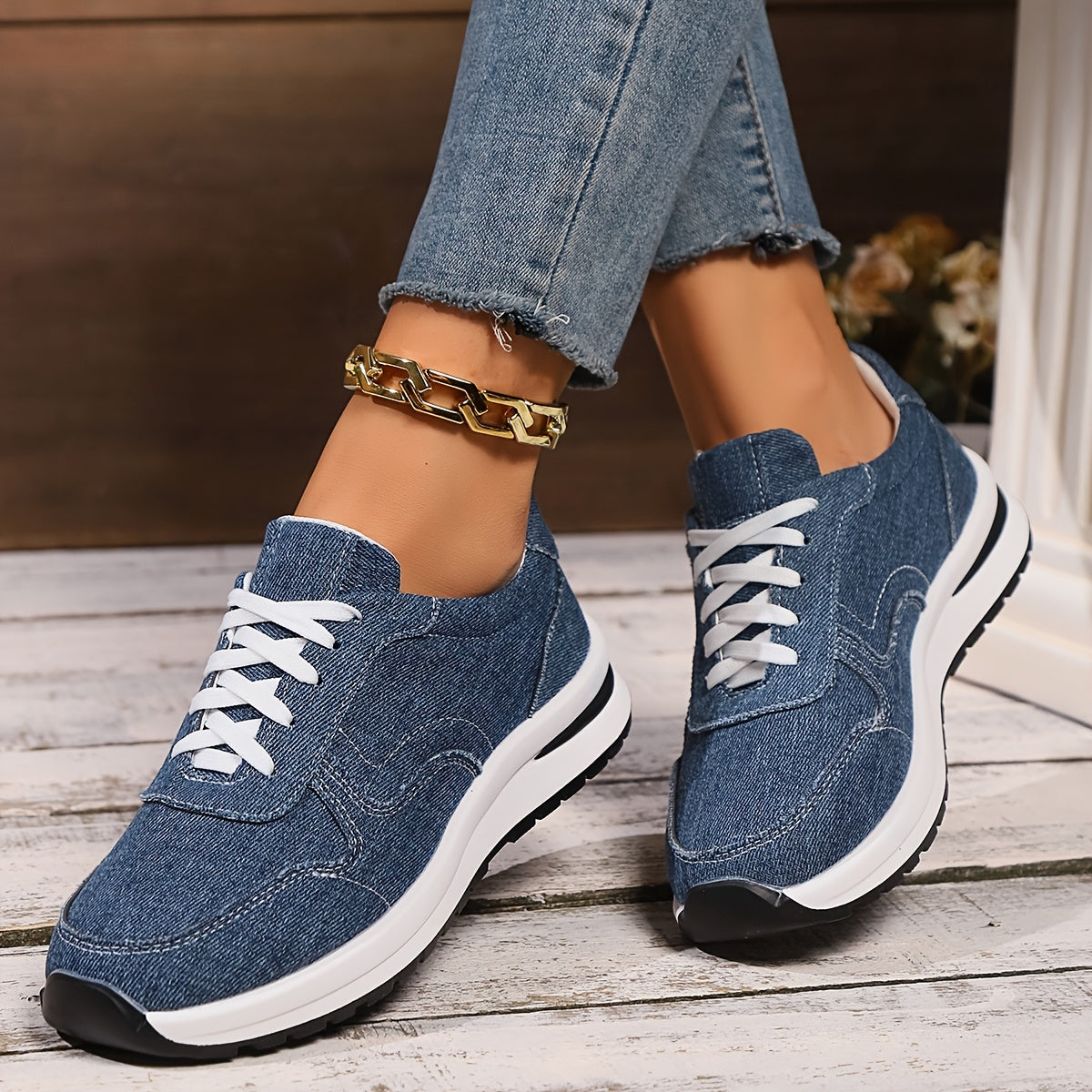 Women's Sneakers with Denim Fabric and Supportive Design