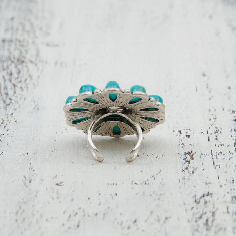 Women's Alloy Flower Ring with Turquoise Accent and Unique Design
