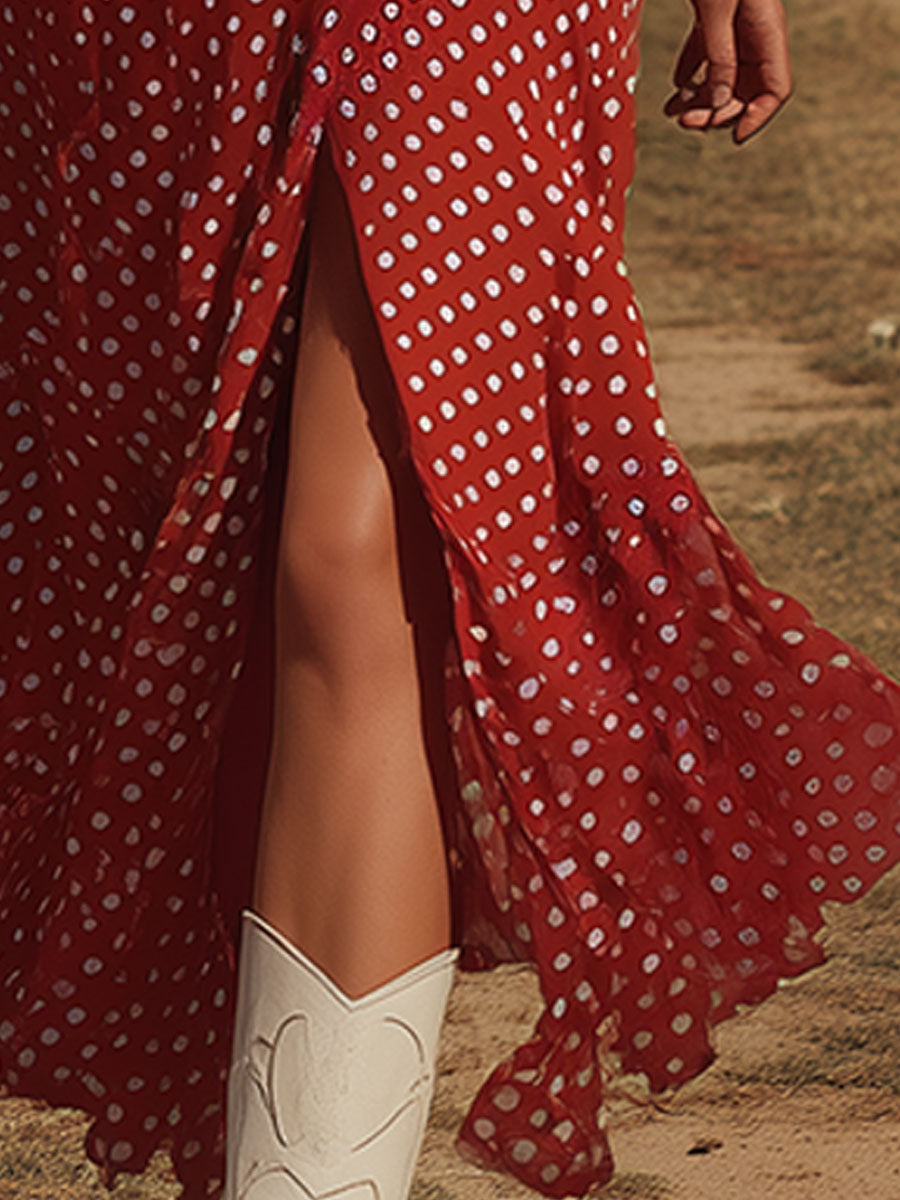 Women’s Red Polka Dot Chiffon Midi Dress – Chic Retro Halter Neck V-Neck Slit Dress