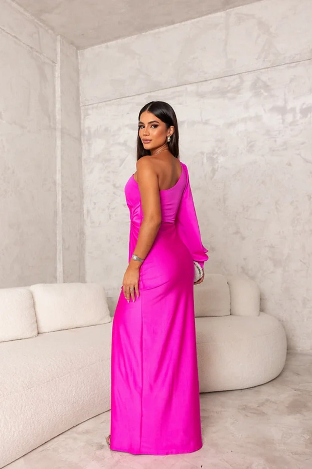 Elegant One Shoulder Flowing Sheer Sleeves Relaxed Fit Women's Maxi Evening Dress