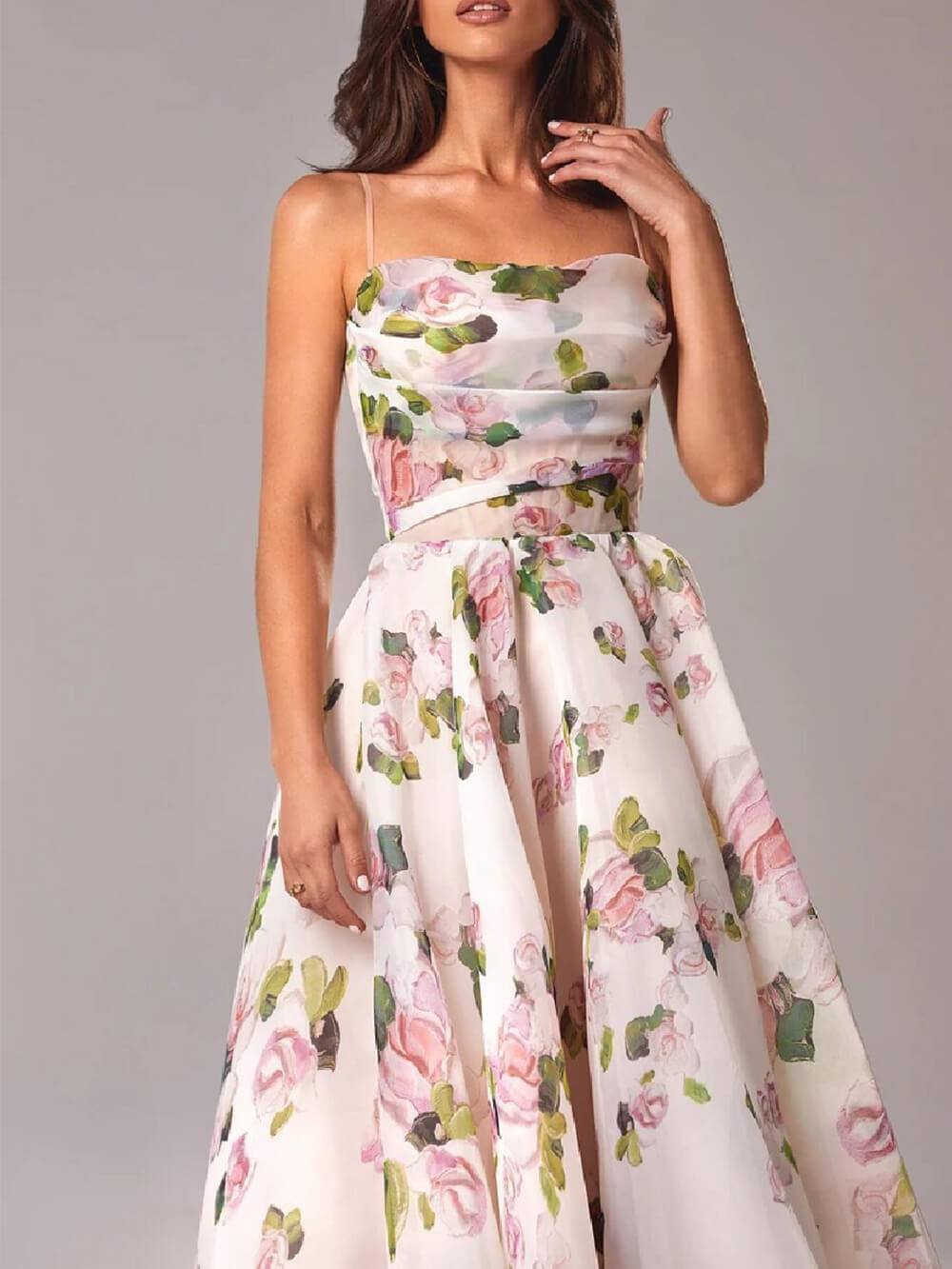Women’s Floral Print Midi Dress – Romantic Powder Rose Blush Spaghetti Strap A-Line Dress