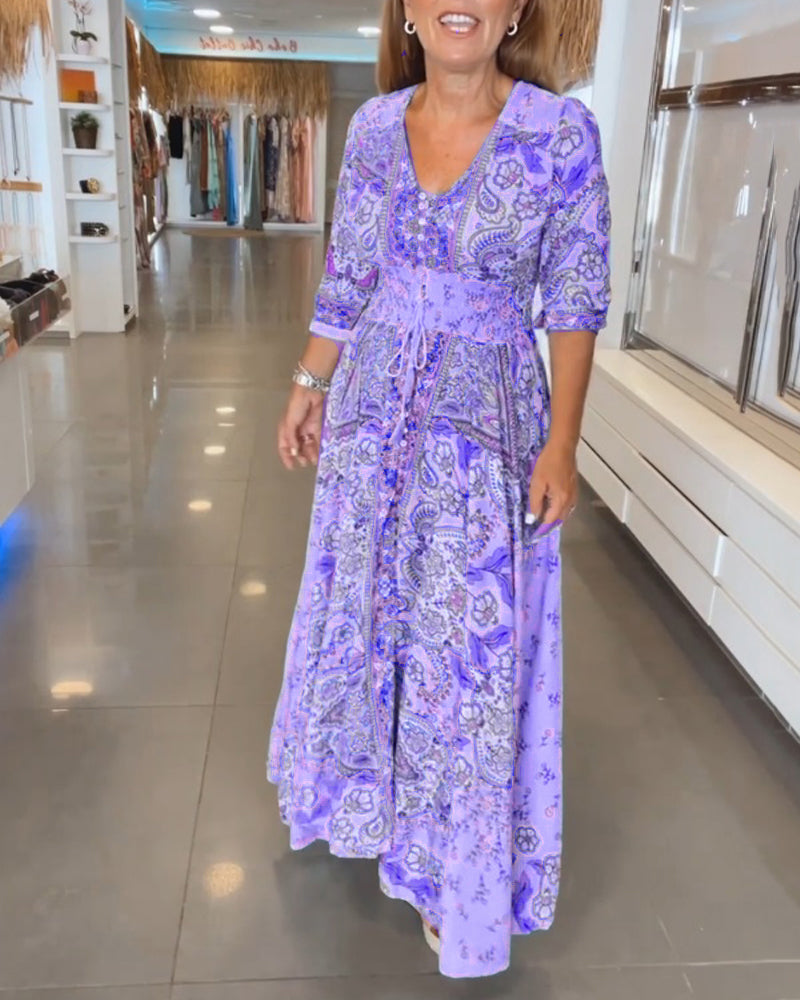 Women’s Boho Chic Paisley Maxi Dress – V-Neck Lightweight Cotton Blend Three-Quarter Sleeve Dress