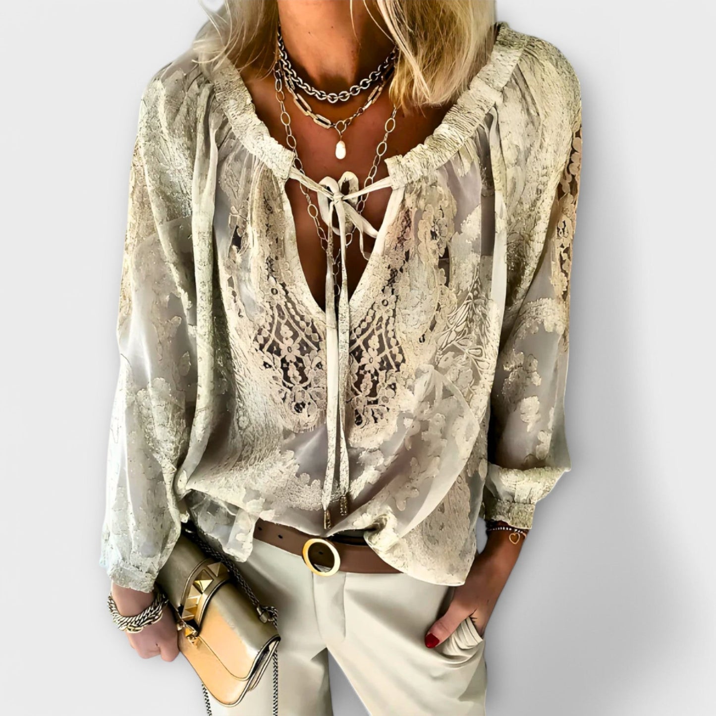 Women's Boho Lace Blouse with V-Neck and Long Sleeves