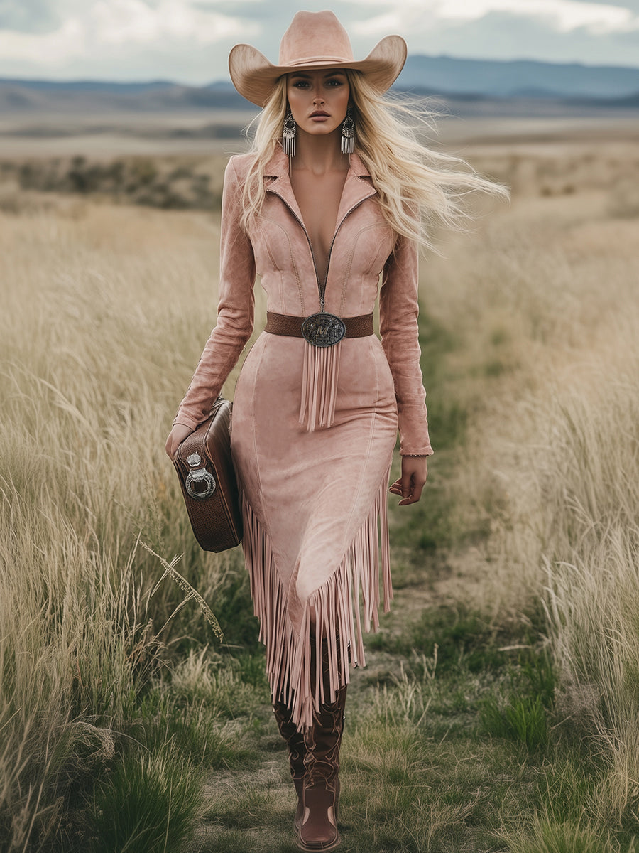 Historically Inspired Western Tassel Detailing Ultrasoft Microsuede Pink Midi Dress