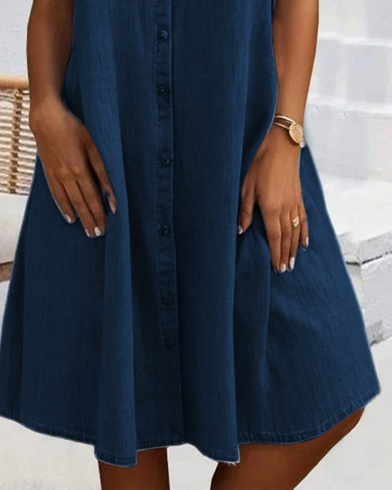 Women's Denim-Style Dress with Short Sleeves and Relaxed Fit