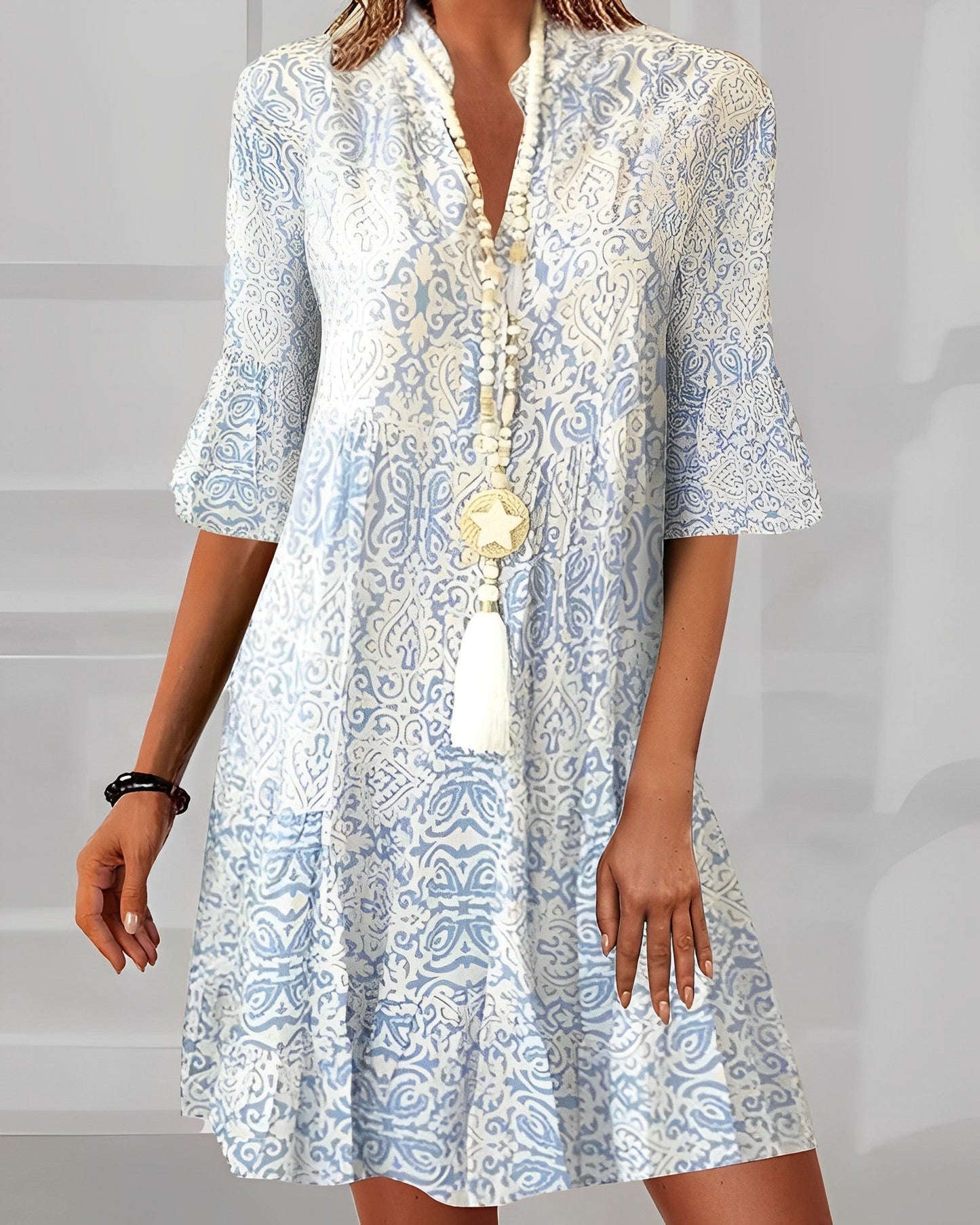 Luxurious Bohemian Floral Print Lightweight Powder Blue V-neck Flowing Maxi Length Dress