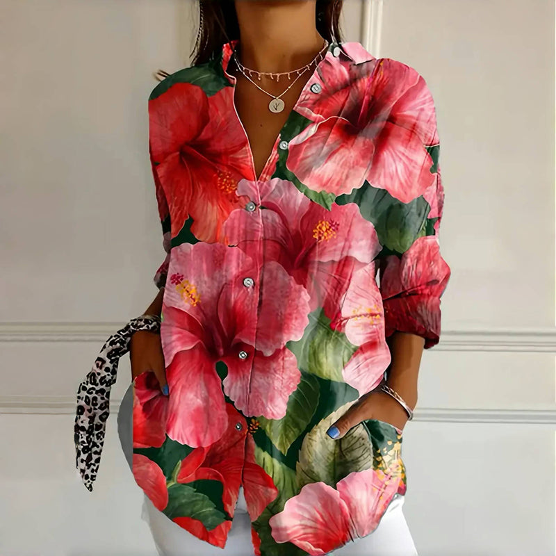Women's Floral Blouse with Short Sleeves and Lightweight Fabric