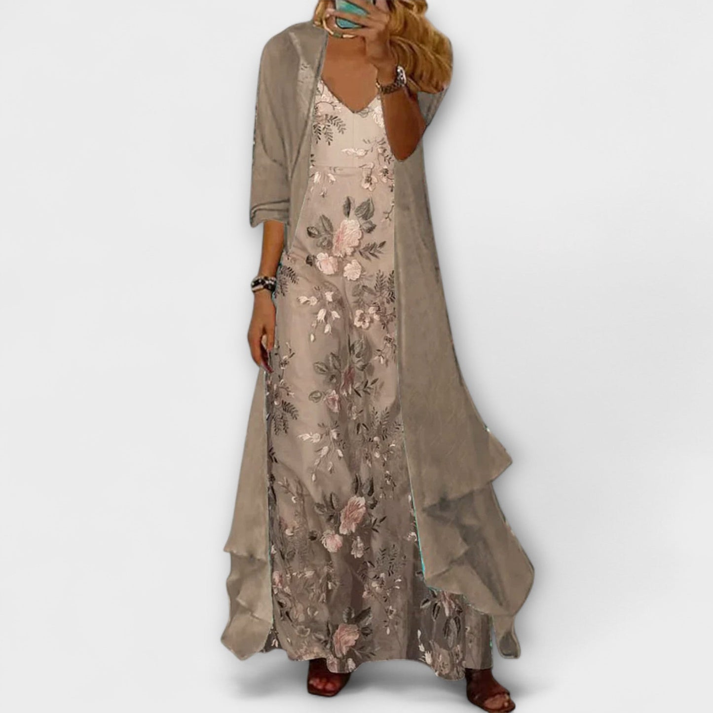 Presley | Floral Maxi Dress with Longline Cardigan and Matching Belt