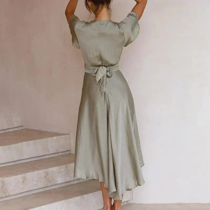Women’s Satin Midi Dress – Elegant Deep V-Neck Tie Front Flutter Sleeve Evening Dress
