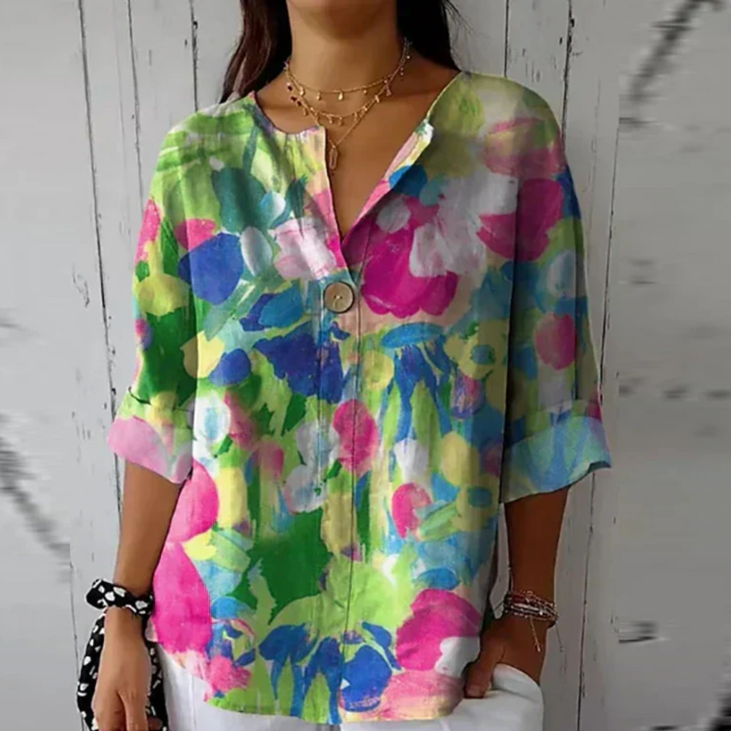 Women's Floral Print Blouse with Short Sleeves and Lightweight Fabric