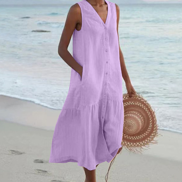 Women's Buttoned Midi Dress with Sleeveless Design and Versatile Style