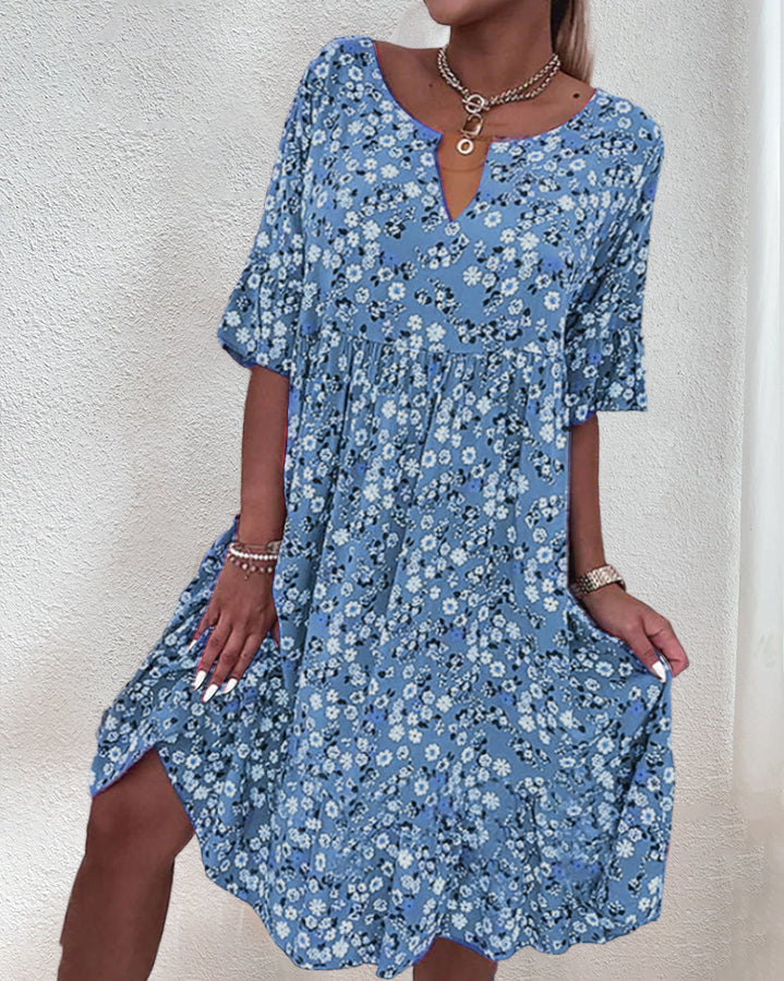 Women's Floral Print Midi Dress with V-Neck and Short Sleeves