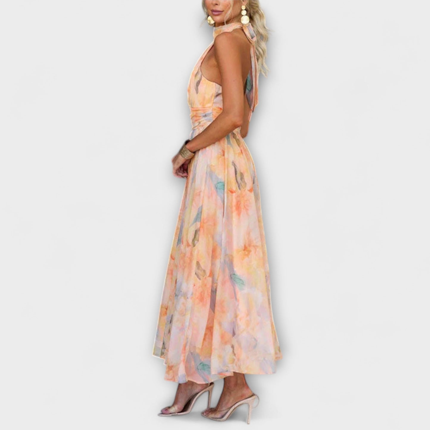 Women’s Watercolor Print Maxi Dress – Luxurious Halter Neck Open Back Flowing Silhouette Dress
