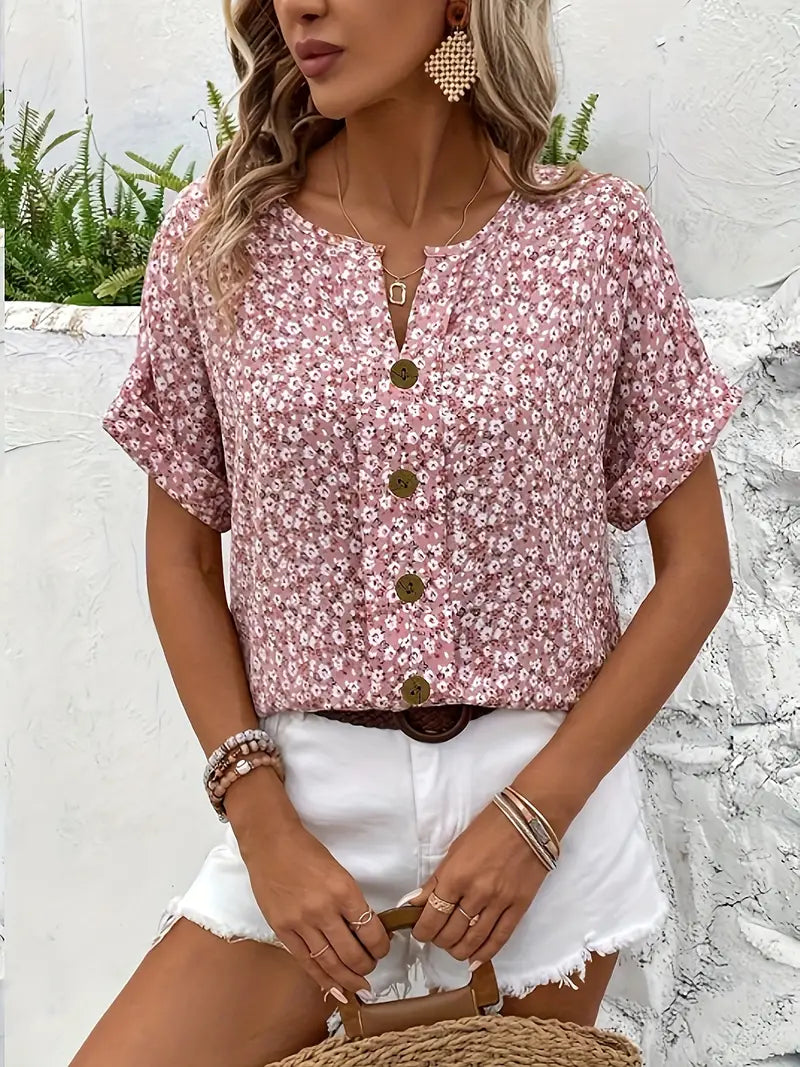 Women's Floral Print Blouse with Short Sleeves and Lightweight Fabric