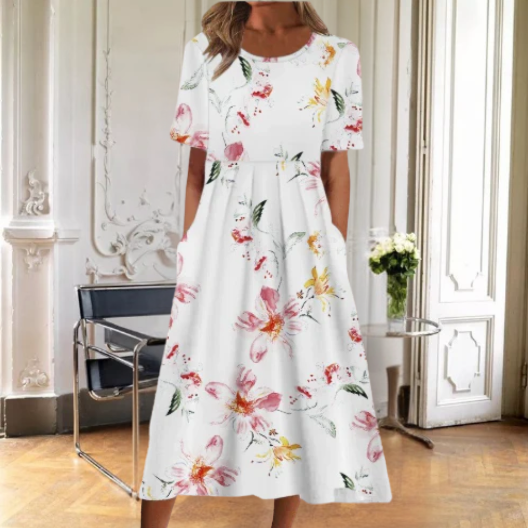 Women's Floral Dress with Short Sleeves and A-Line Silhouette