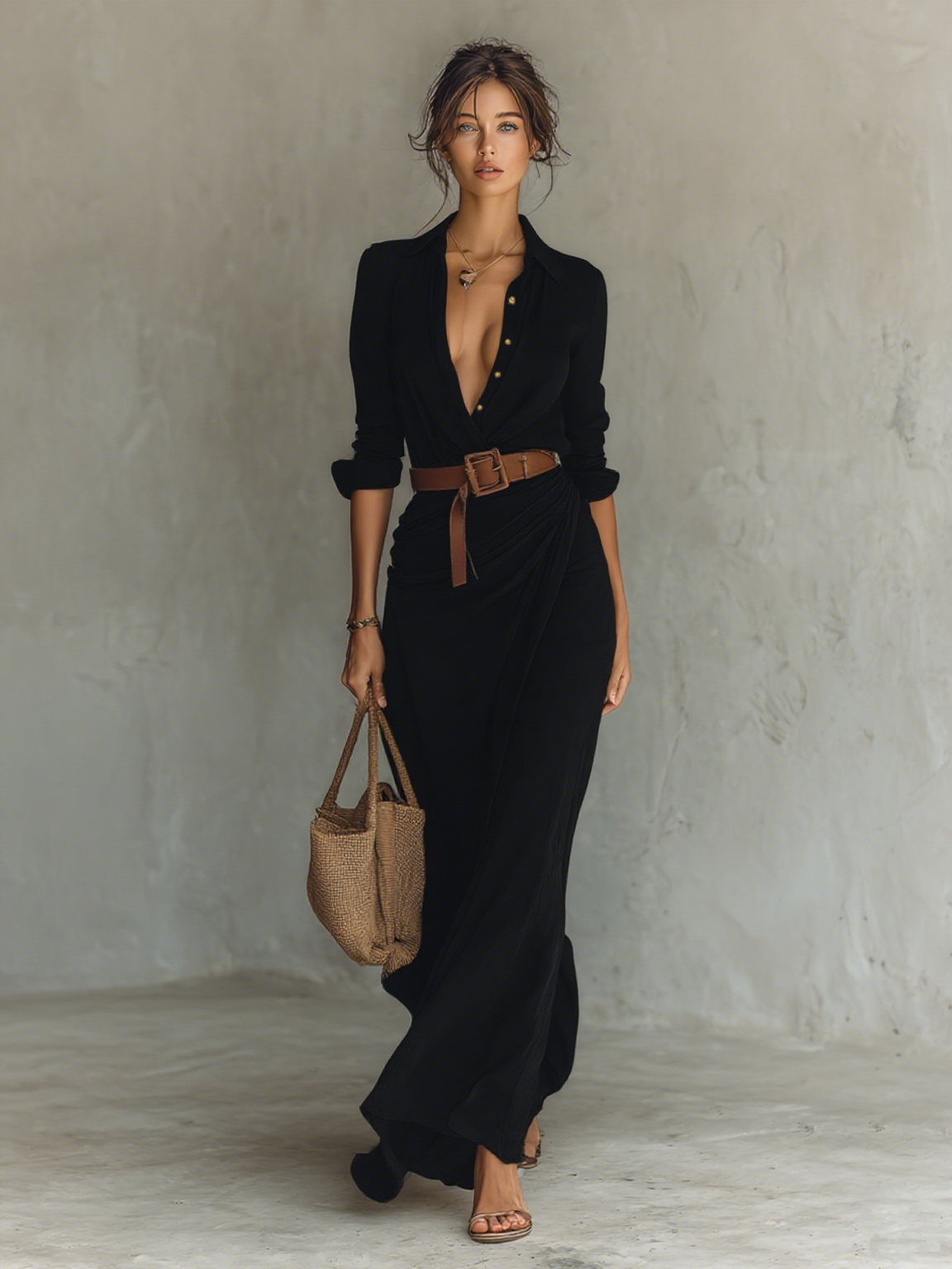 Women’s Crepe Georgette Maxi Dress – Elegant Lapel Single Breasted Belted Long Sleeve Dress