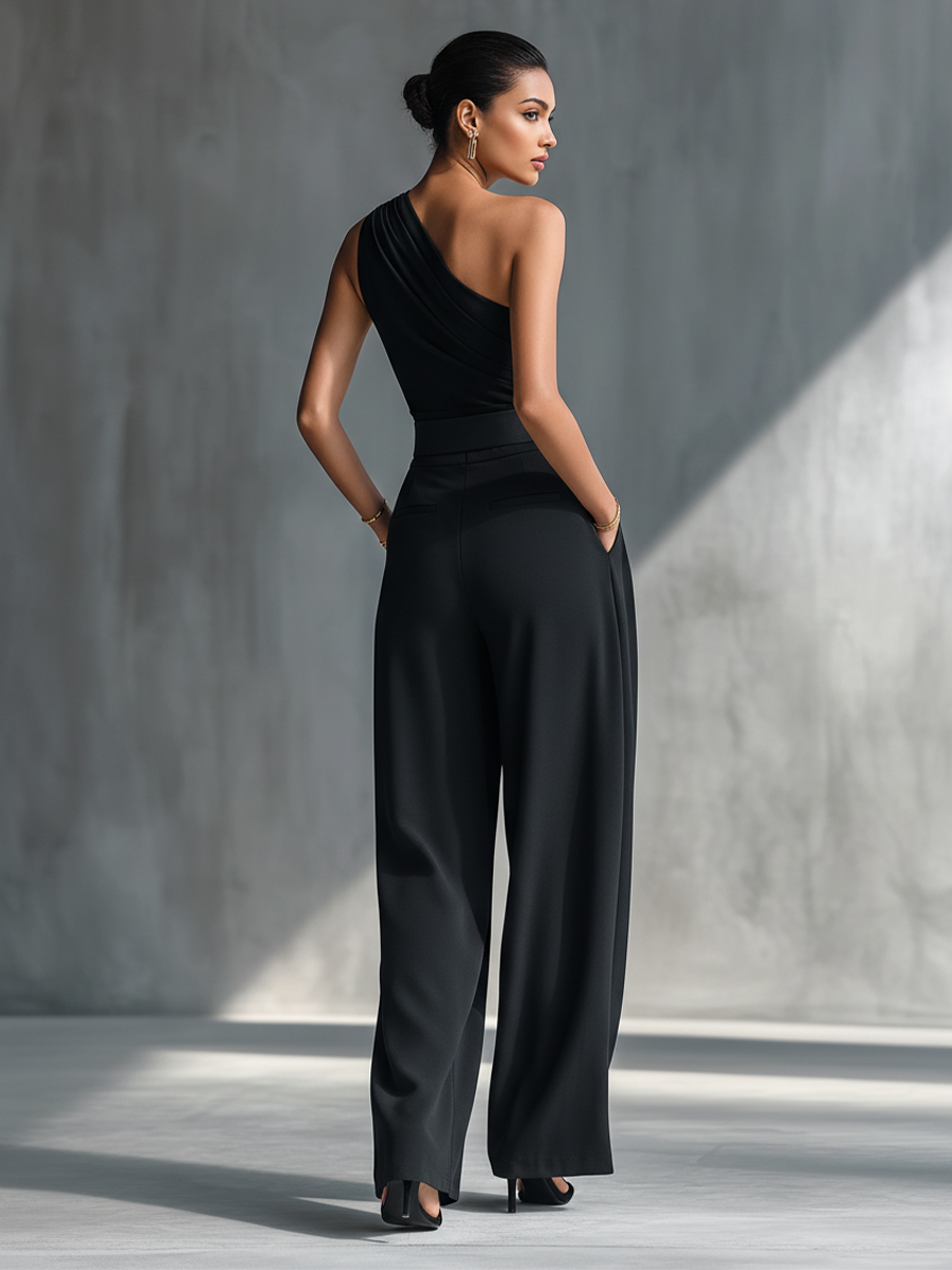 Stylish Black High-Elastic Knit Top With Comfortable Acetate Wide-Leg Pants Set