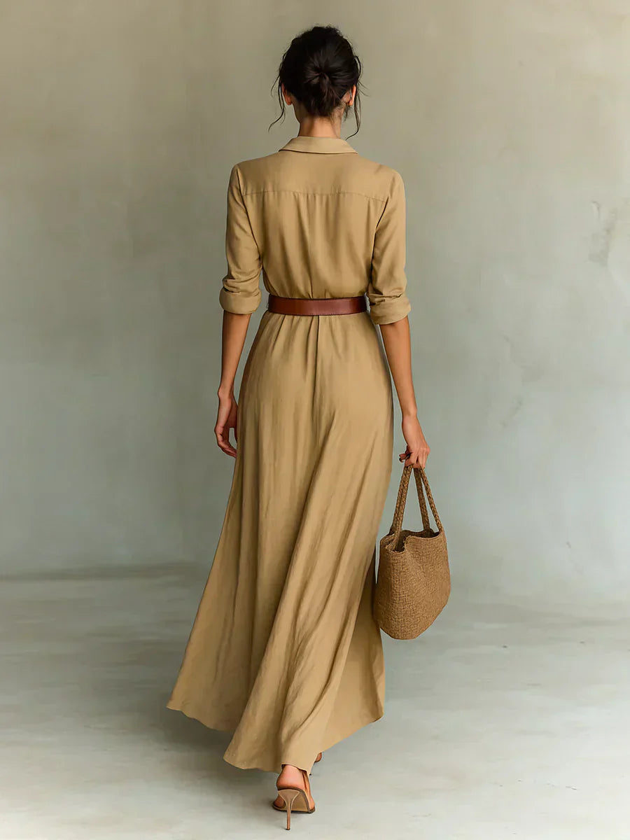Women's Maxi Dress with Lapel Collar and Long Sleeves