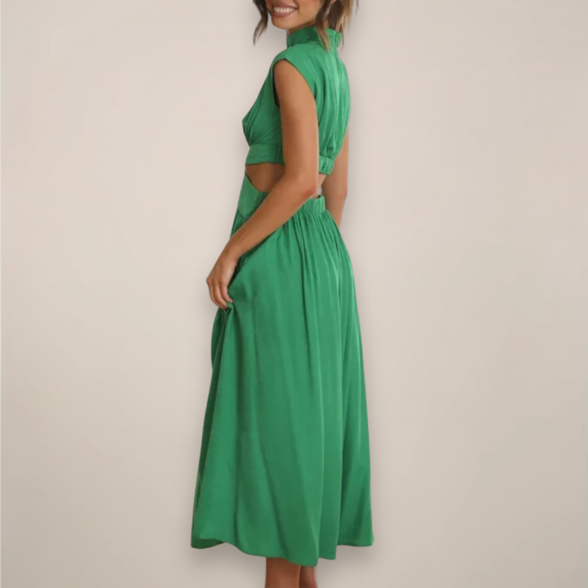 Women’s Crepe Georgette Maxi Dress – Sophisticated Turtleneck Cap Sleeve Cutout Waist Dress