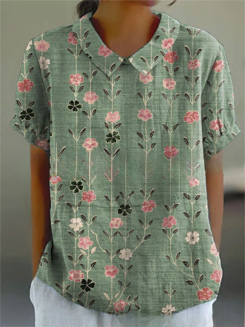 Women's Floral Shirt with Short Sleeves and Button Closure