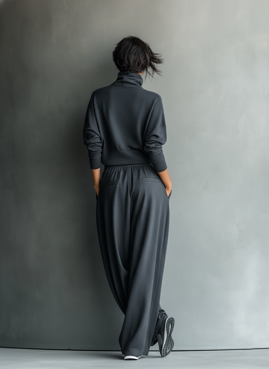 Luxurious Oversized Turtleneck Knitwear Fabric Charcoal Palazzo Wide-Leg Pants Set