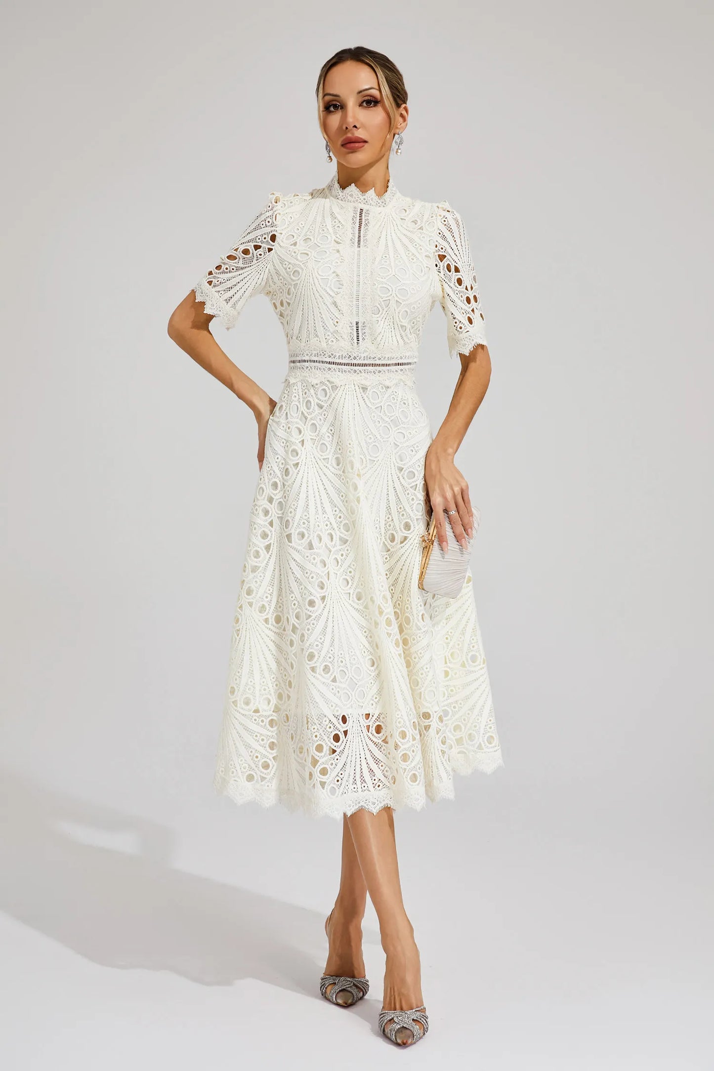 Beautiful Elegant Lace Midi Dress with Intricate Details for Weddings and Special Occasions
