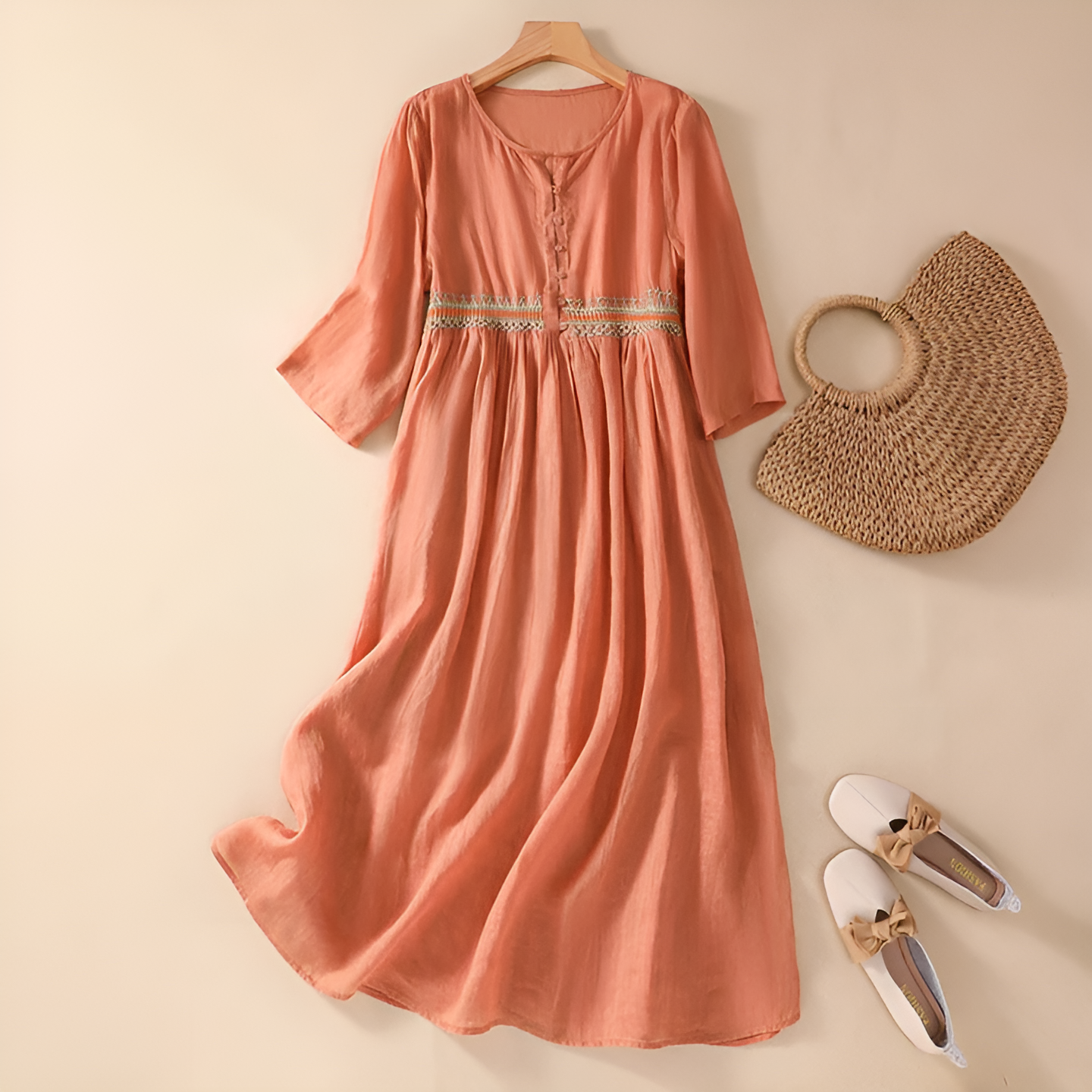 Women's Patterned Midi Dress with Flowy Skirt and Adjustable Straps