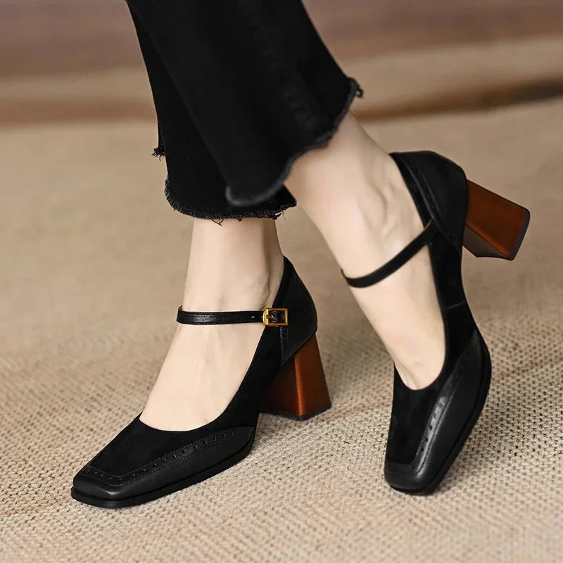 Women's Square Toe Block Heel Pumps with Ankle Strap and Brogue Detail