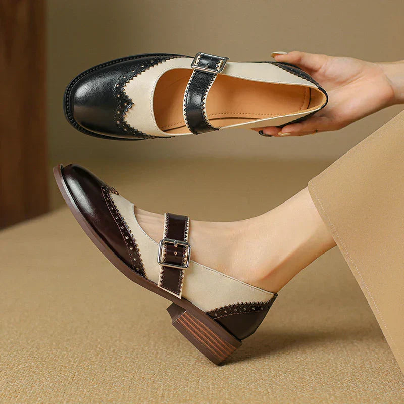 Women's Two-Tone Mary Jane Shoes with Brogue Design and T-Strap