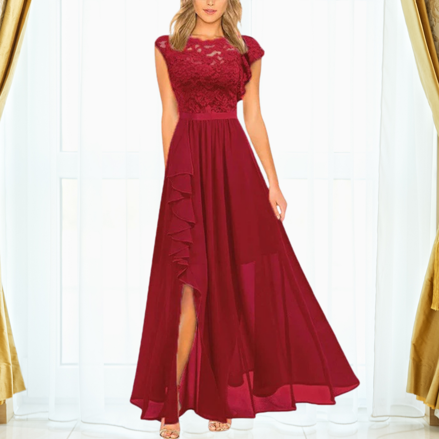 Romantic Exquisitely Embroidered Lacework Chiffon Maxi With Regal Ruffle Dress