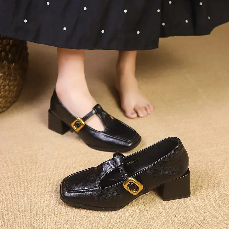 Women's Square Toe Mary Jane Heels with Block Heel and Gold Buckle