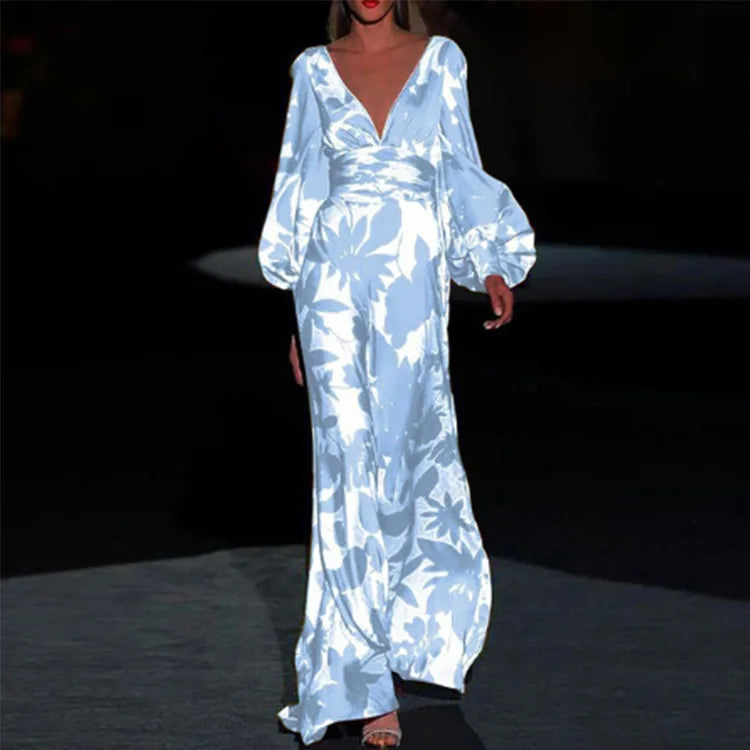 Women’s Botanical Print Satin Maxi Dress – Deep V-Neck Puff Sleeve Elegant Dress