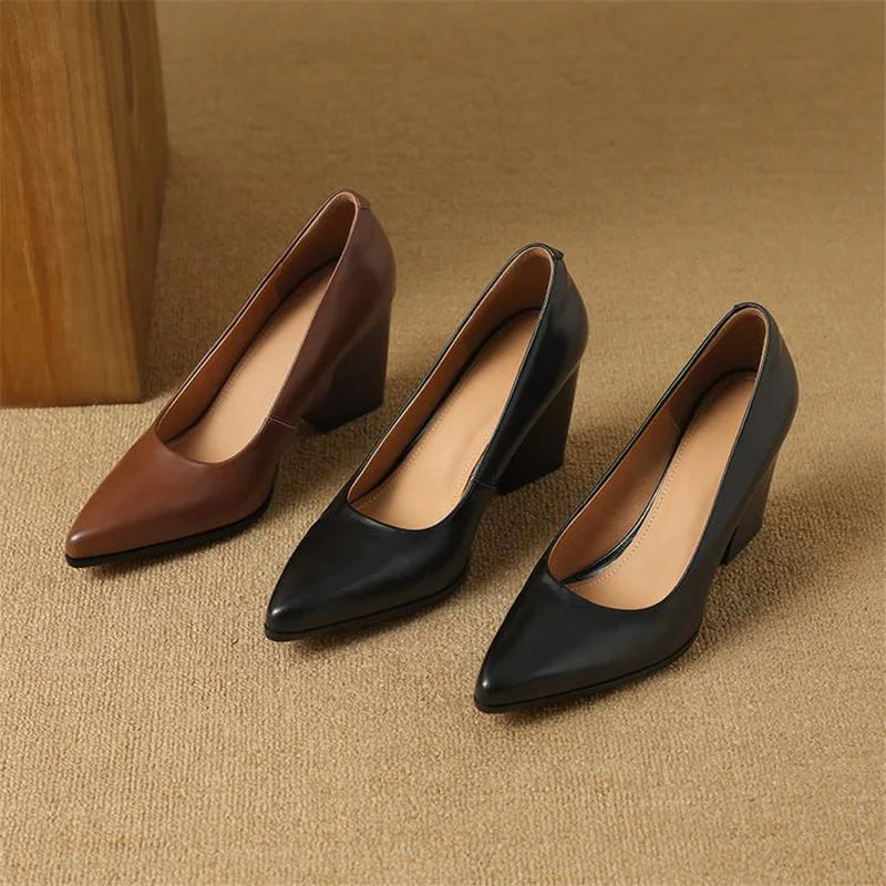 Women's Block Heel Pumps with Pointed Toe and Slip-On Design