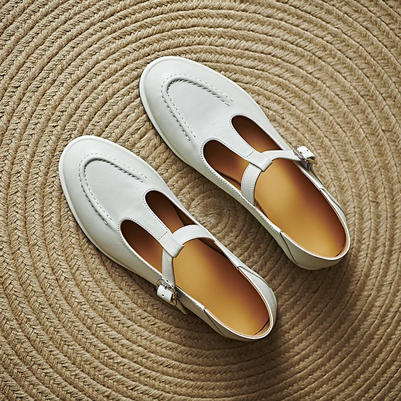 Women's T-Strap Mary Jane Flats with Round Toe and Low Heel
