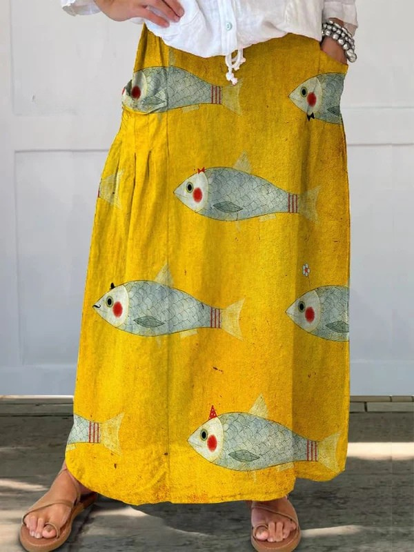Celeste | Pocket Skirt with Vintage Fish Art Print and Versatile Design