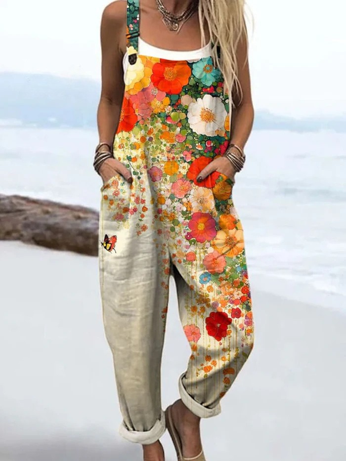 Women's Floral Jumpsuit with Vintage Design and Adjustable Straps