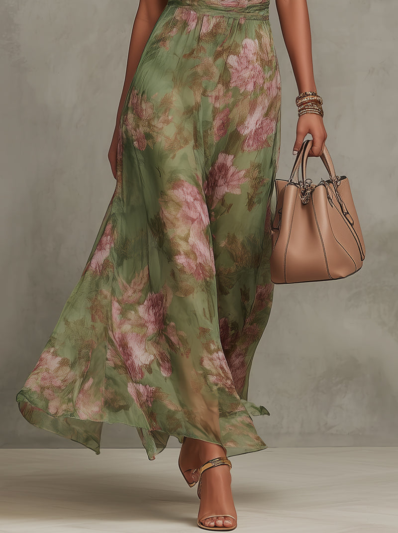 Elegant Halter Neckline With Gathered Detailing Lightweight Chiffon Floral Print Soft Romantic Muted Tones Maxi Dress
