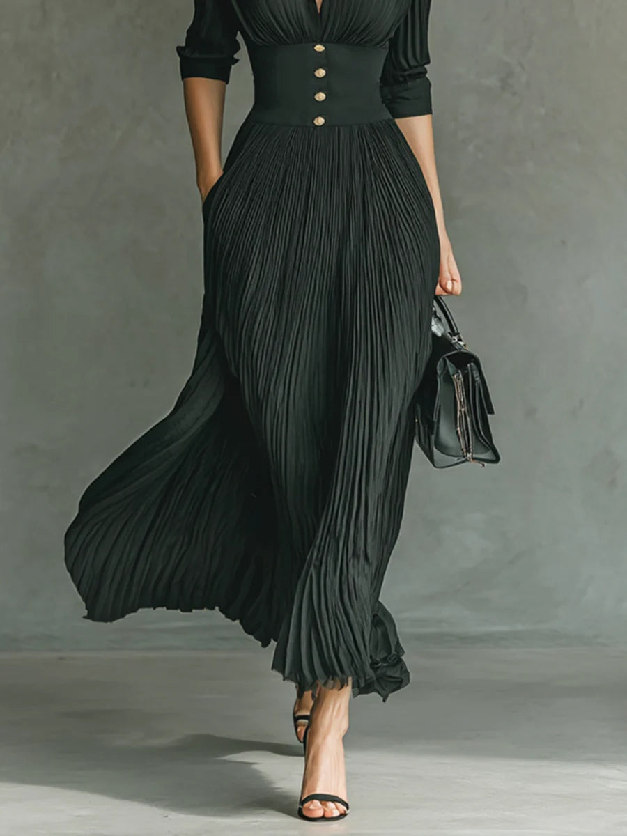 Women's Pleated Lapel Waist Maxi Dress with Flowing Design and Versatile Style