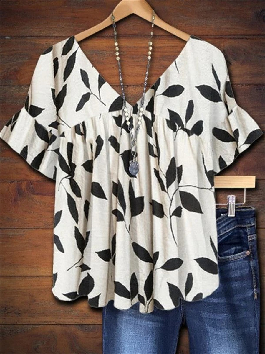 Women's V-Neck Blouse with Leaf Print and Ruffle Sleeves