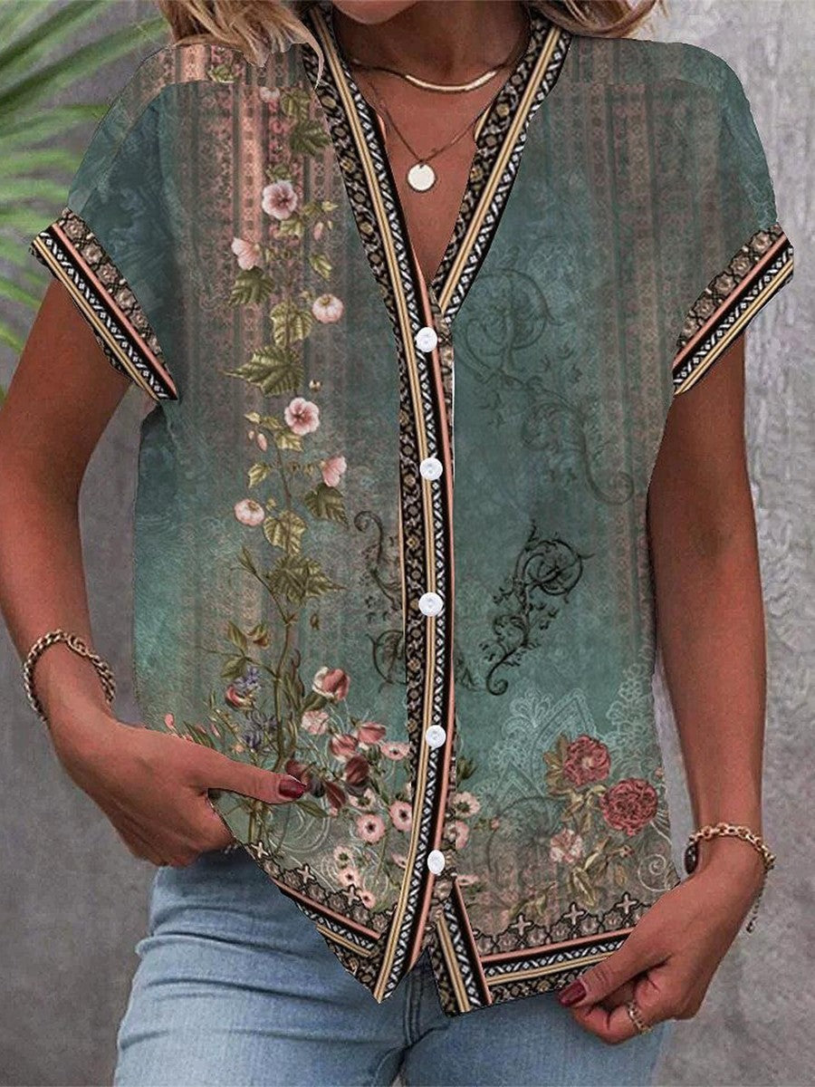 Women's Floral Print V-Neck Blouse with Button-Down Design and Short Sleeves