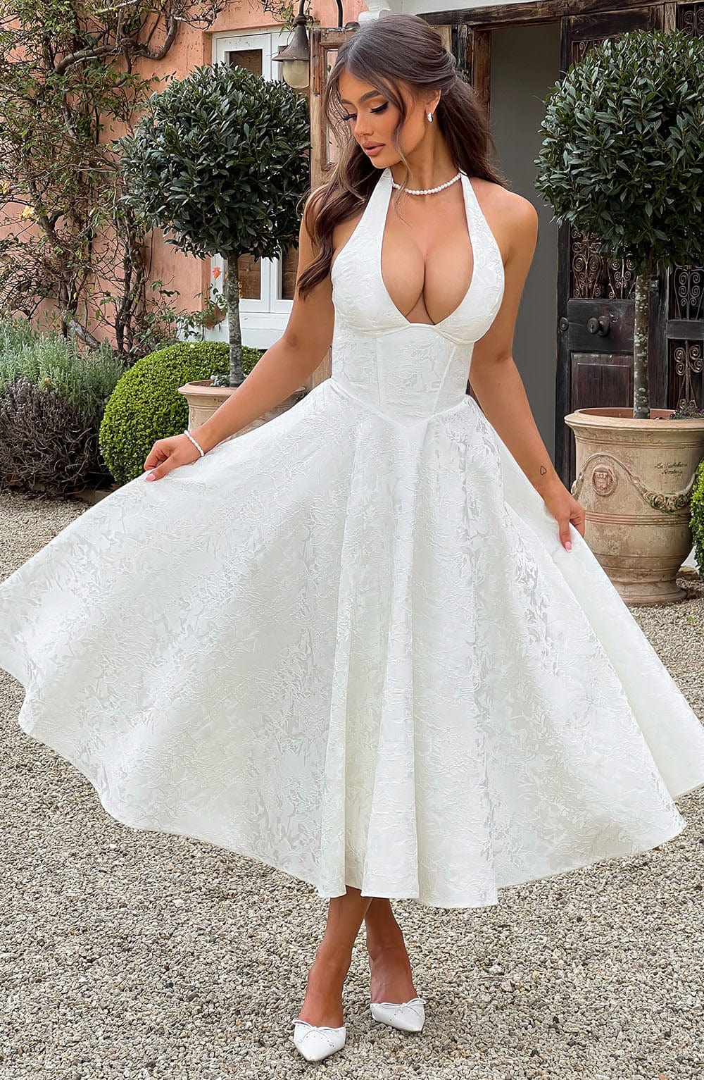 Timelessly Luxurious Embellished V- Neckline Embroidered Lace Detailing Wedding Guest Dress