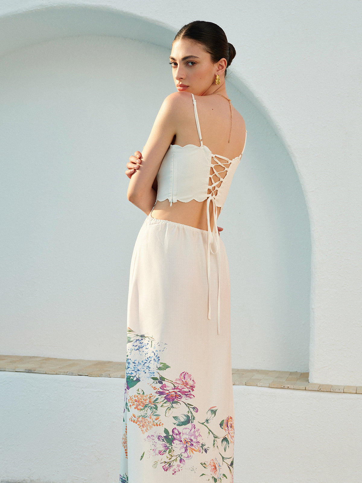 Romantic Cutout Waist Floral Print Scalloped Hem Sundress