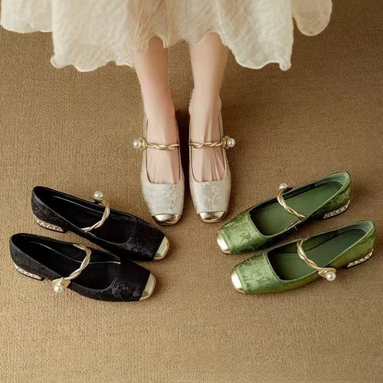 Women's Mary Jane Shoes with Pearl Strap and Block Heel