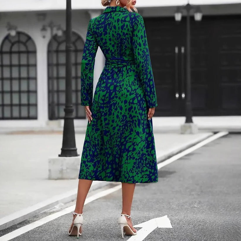 Statement-Making Crimson-Blue Abstract-Print Button-Down Belted Midi Shirt Dress