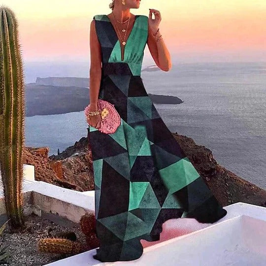 Women’s Tropical Floral Maxi Dress – Deep V-Neck Statement Colorful Print Dress