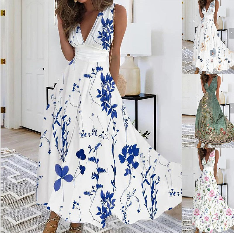 Women’s Floral Print Maxi Dress – Luxurious V-Neck Sleeveless Button Trim A-Line Dress