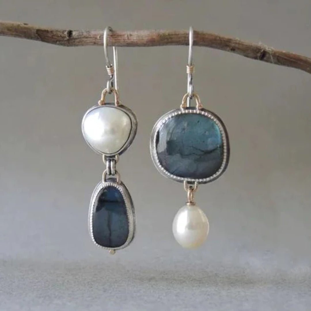 Women's Vintage Earrings with Blue Gem and Pearl Accents