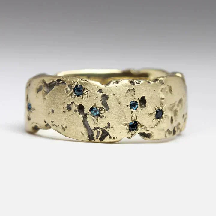 Women's Vintage Hammered Gold Ring with Blue Inlay and Unique Design