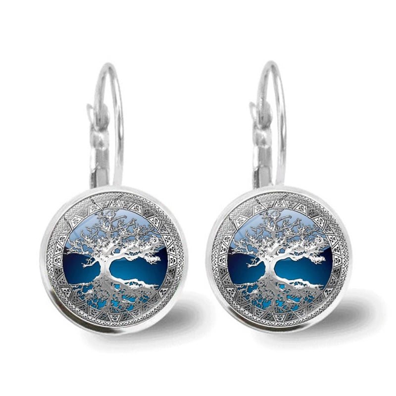 Women's Hoop Earrings with Tree of Life Design and Silver Finish