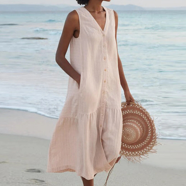 Women’s Crepe Midi Dress – Timeless Elegant Sleeveless Button Front Slimming Silhouette Dress